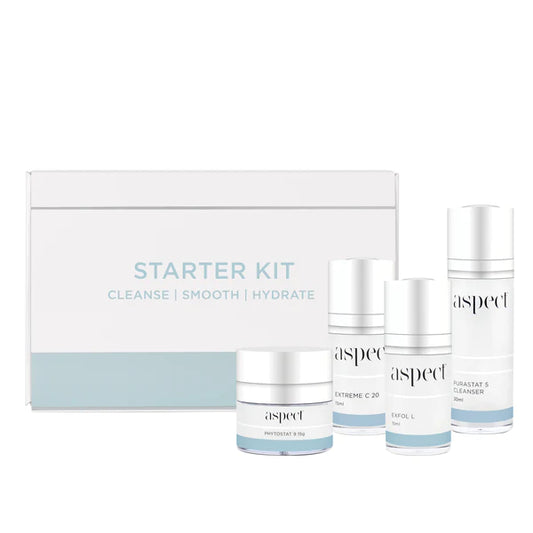 Aspect Starter Kit containing, 1x Purastat 5 Cleanser 30ml 1x Extreme C 20 Vitamin C Serum 15ml 1x Exfol L 15 Exfoliating Serum 15ml 1x Phytostat 9 Moisturiser 15g